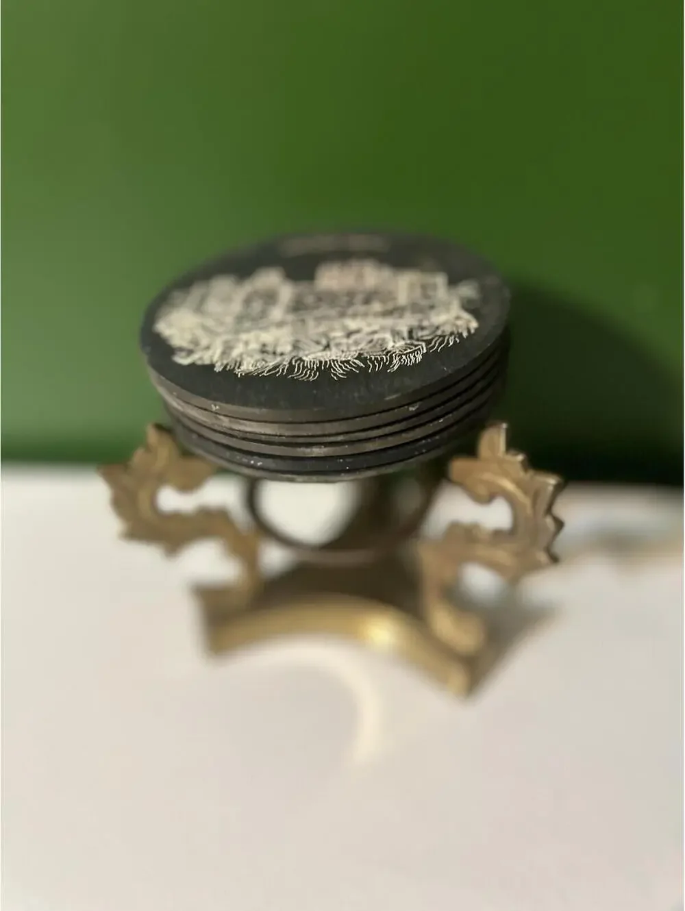 Vintage Welsh Castle Slate Coaster Set+Brass Holder Menai Bridge Harlech Barware